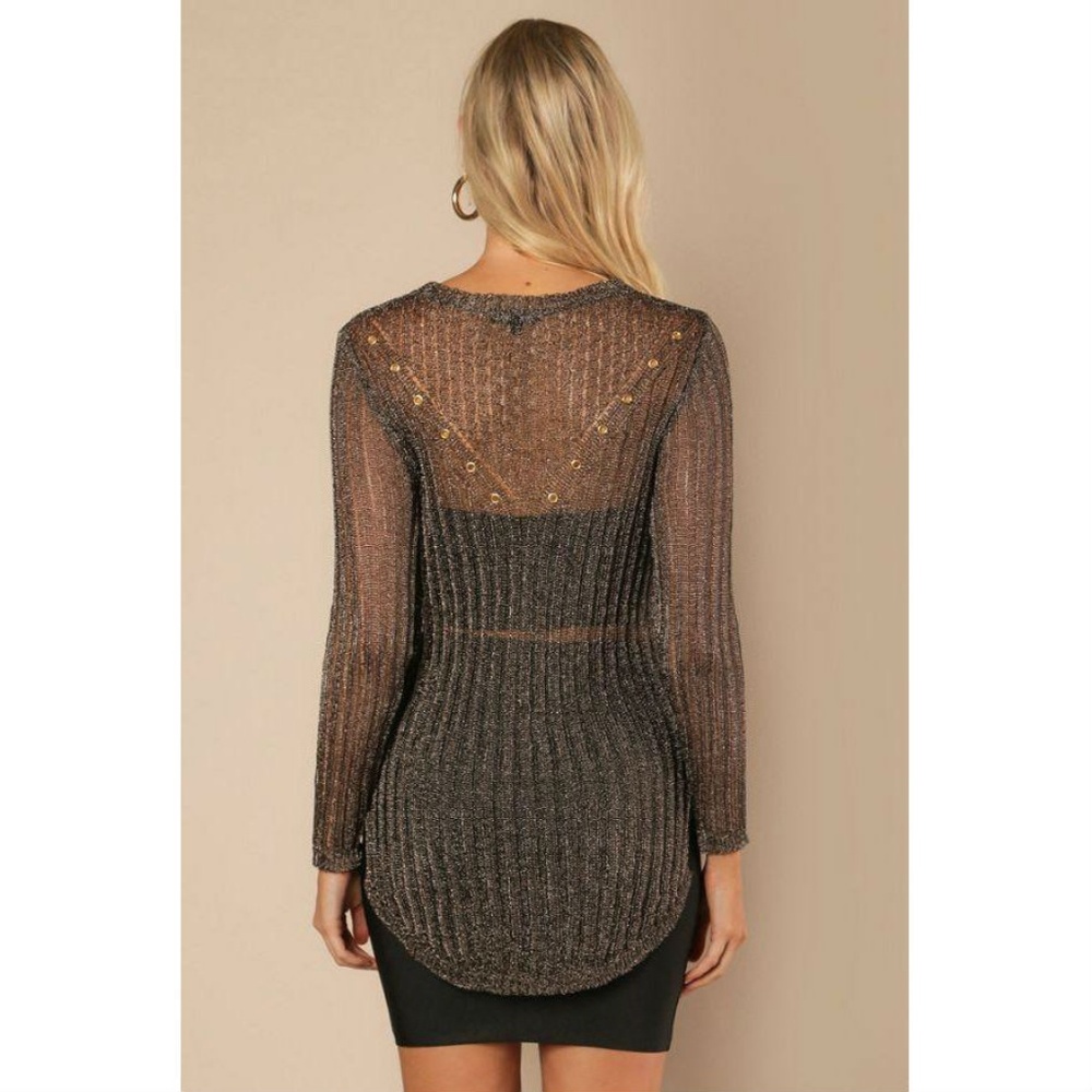 Gunmetal Long Sheer Metallic Sweater Top - Picture 3 of 3